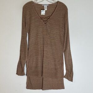 Two One Two New York Sweater Womens Medium Beige Tie Hi Low Open Knit Tunic Slit